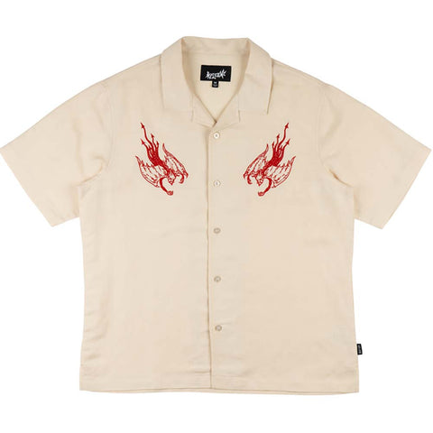 Welcome Hellion Embroidered Linen Short Sleeve Button Down Bone pure boardshop